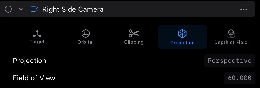 The camera editor open on the Projection tab, showing Field of View, the Orthographic toggle, and Ortho Scale