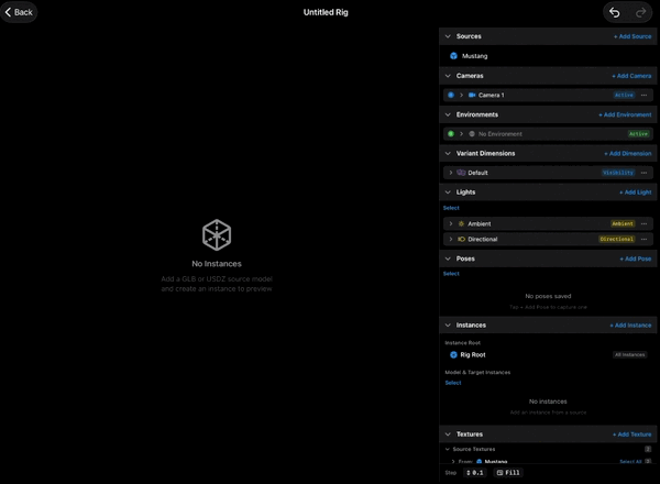 Scroll to Instances, tap "+ Add Instance", select the source. The model appears in the live 3D preview.