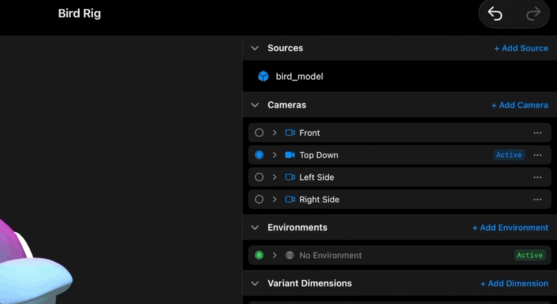 A rig with a working model in the preview. The Sources section open, showing the source it is built on.