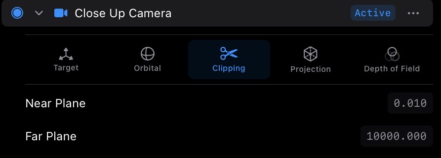 The camera editor open on the Clipping tab, showing Near and Far values