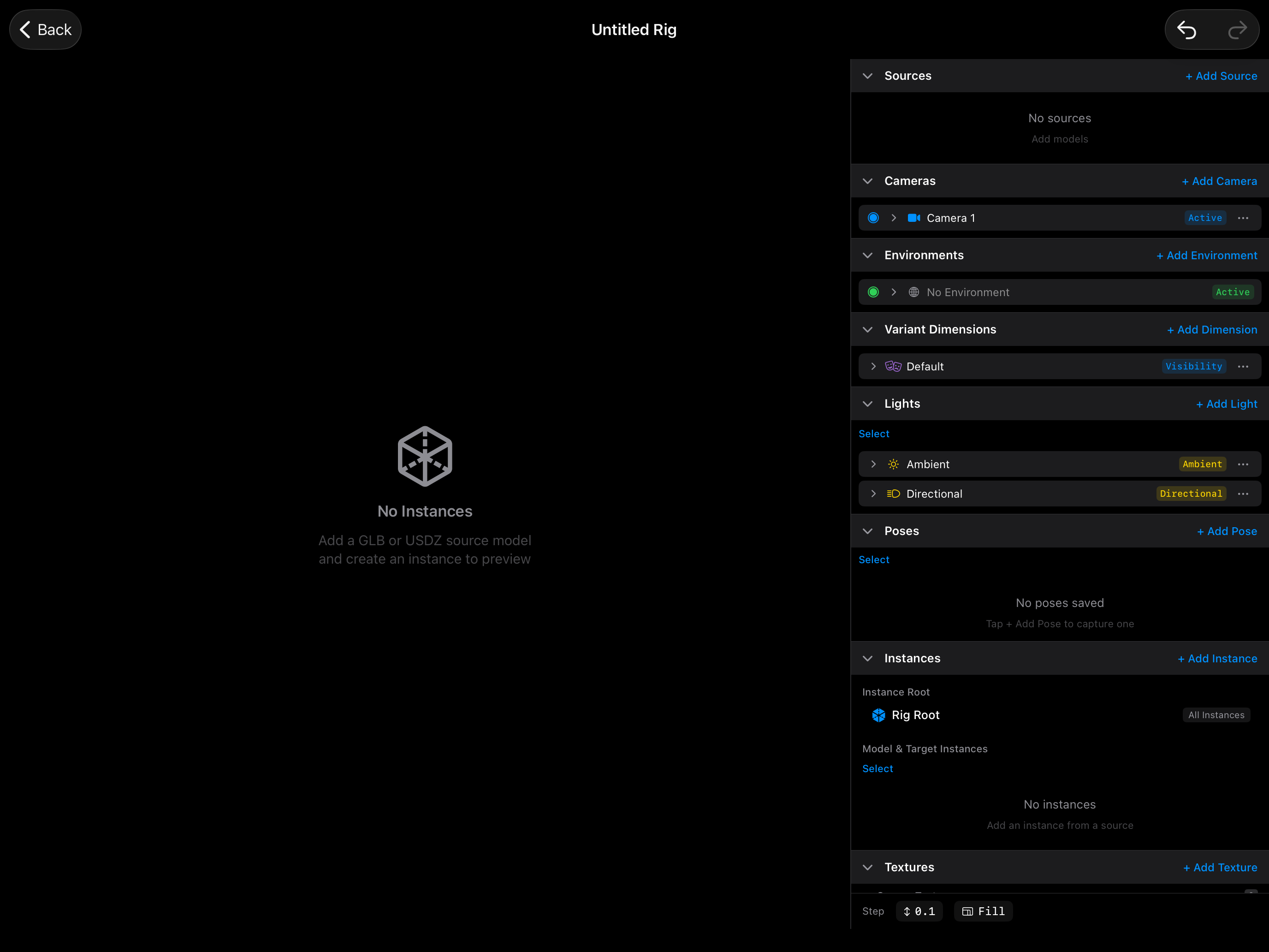 The rig editor with an empty rig. Scroll to the top of the right panel, the Sources section is visible and empty.